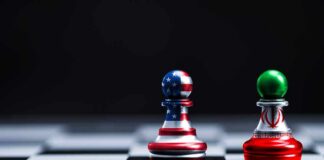 Two chess pawns with U.S. and Iran flag designs on a board