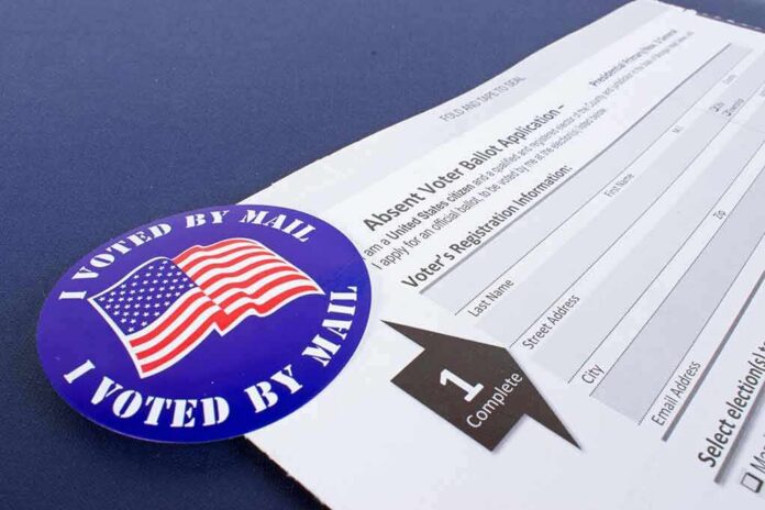 shutterstock_1669980898 I Voted by Mail sticker on absentee ballot application form