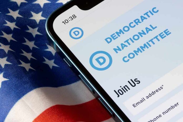 Smartphone showing a political committee webpage on an American flag