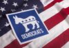 Democratic Party donkey symbol on American flag