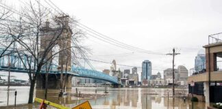 Flooded riverfront with bridge and city skyline