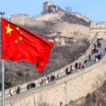 Chinese flag waving with the Great Wall in the background