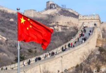 Chinese flag waving with the Great Wall in the background