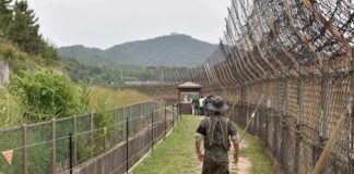 Soldier walking along a fenced border path