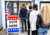 Shocking Tie Scrambles Florida Race Voters standing in line at a polling place entrance