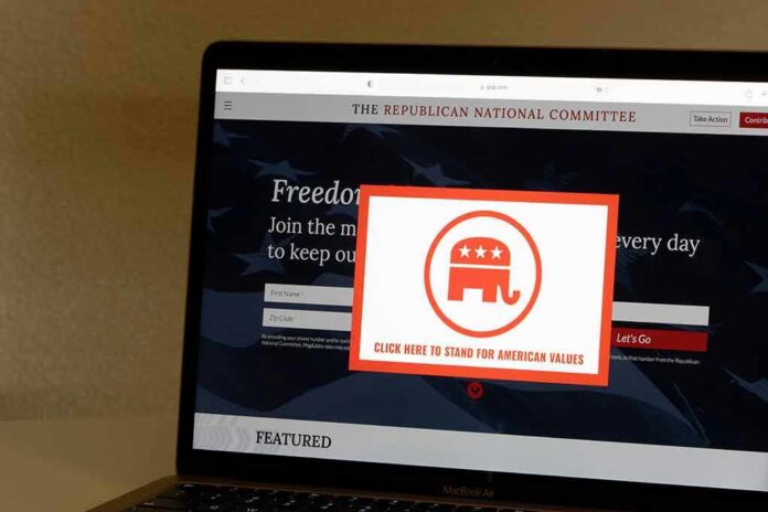 Laptop screen showing a political committee website with a popup featuring an elephant logo