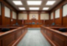 Houston Cop Lied And Now Man Goes Free Empty courtroom with wooden benches and judge's bench