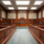 Fugitive Bureaucrat Slips Past Feds Empty courtroom with wooden benches and judge's bench