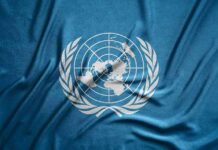 United Nations flag featuring a world map and olive branches on a blue background