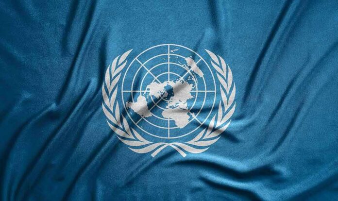 shutterstock_2361400729-2- United Nations flag featuring a world map and olive branches on a blue background