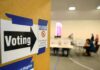 Records Fight Erupts Over Illegal Votes Voting sign on door leading to polling place