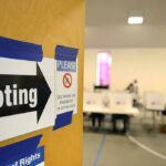 Voting sign on door leading to polling place