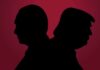 silhouettes of two people back to back on a red background