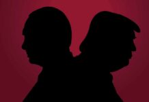silhouettes of two people back to back on a red background