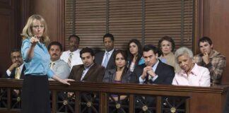 Attorney pointing toward the jury in a courtroom