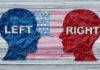 Blue and red paper head silhouettes facing each other over a faded U.S. flag