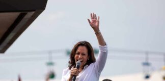 Kamala Harris speaking at outdoor rally, Paul Scholes in the crowd