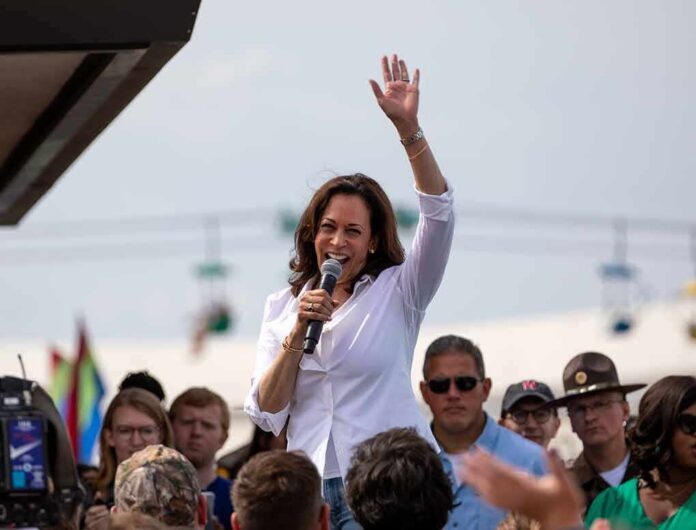 Kamala Harris speaking at outdoor rally, Paul Scholes in the crowd