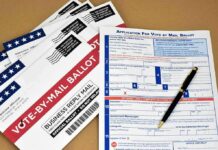 Vote-by-mail ballot envelopes and application form with pen