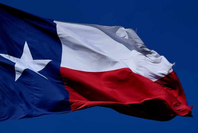 Texas flag waving against a clear blue sky