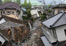 Earthquake-damaged residential street with collapsed houses